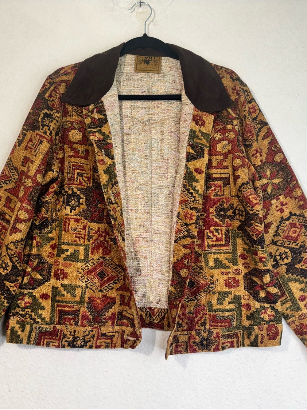 Saddle Ridge VTG American Frontier Tapestry Jacket Brown Collar Western Wear Med